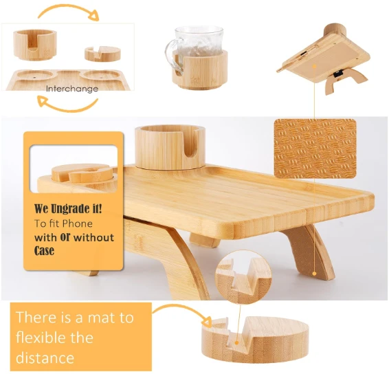 Bamboo Cup Holder Sofa Tray With 360°Rotated Phone Holder